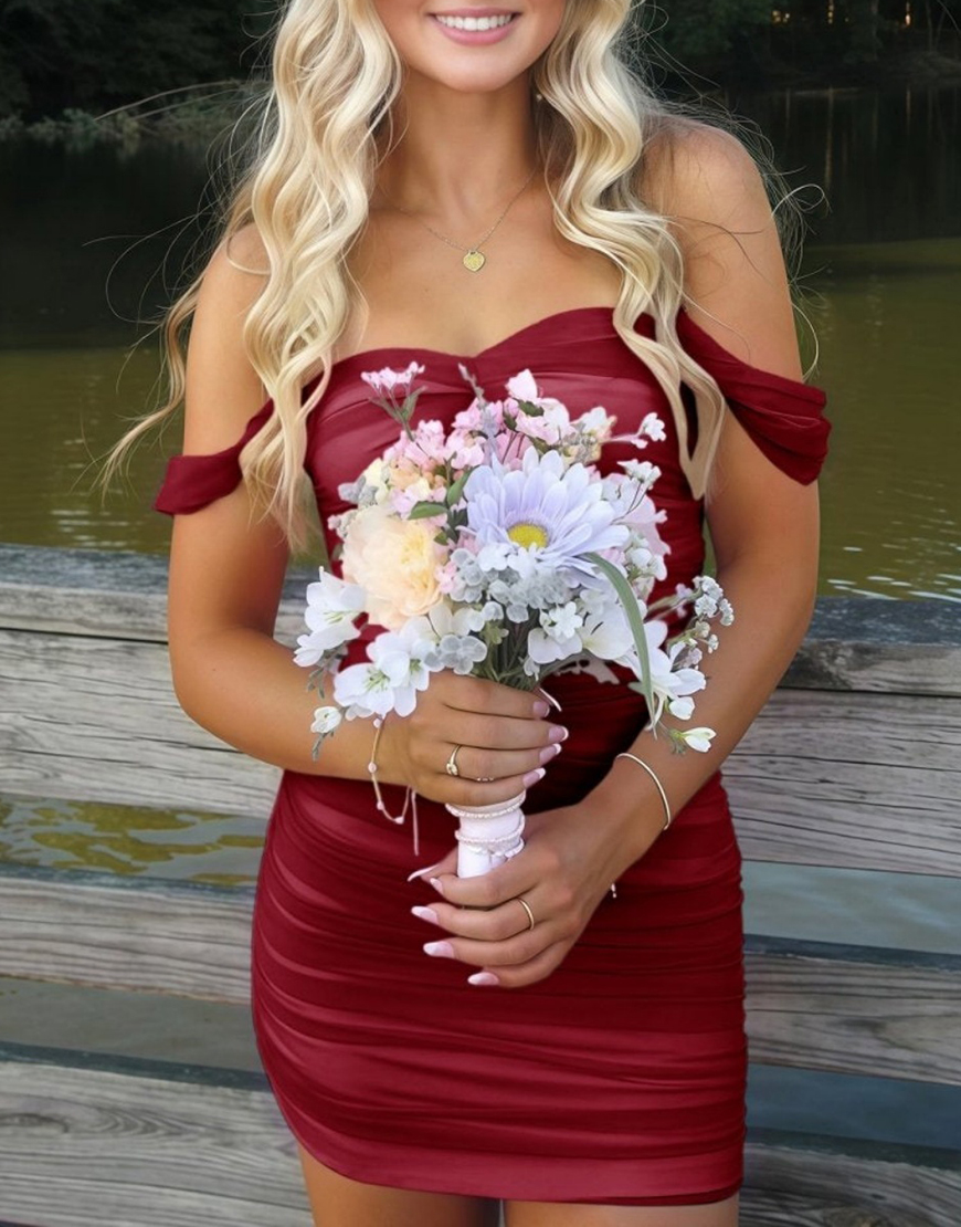 Berlinnova Women Burgundy Bodycon Mini Tulle Cocktail Dress Off the Shoulder Short Homecoming Dress