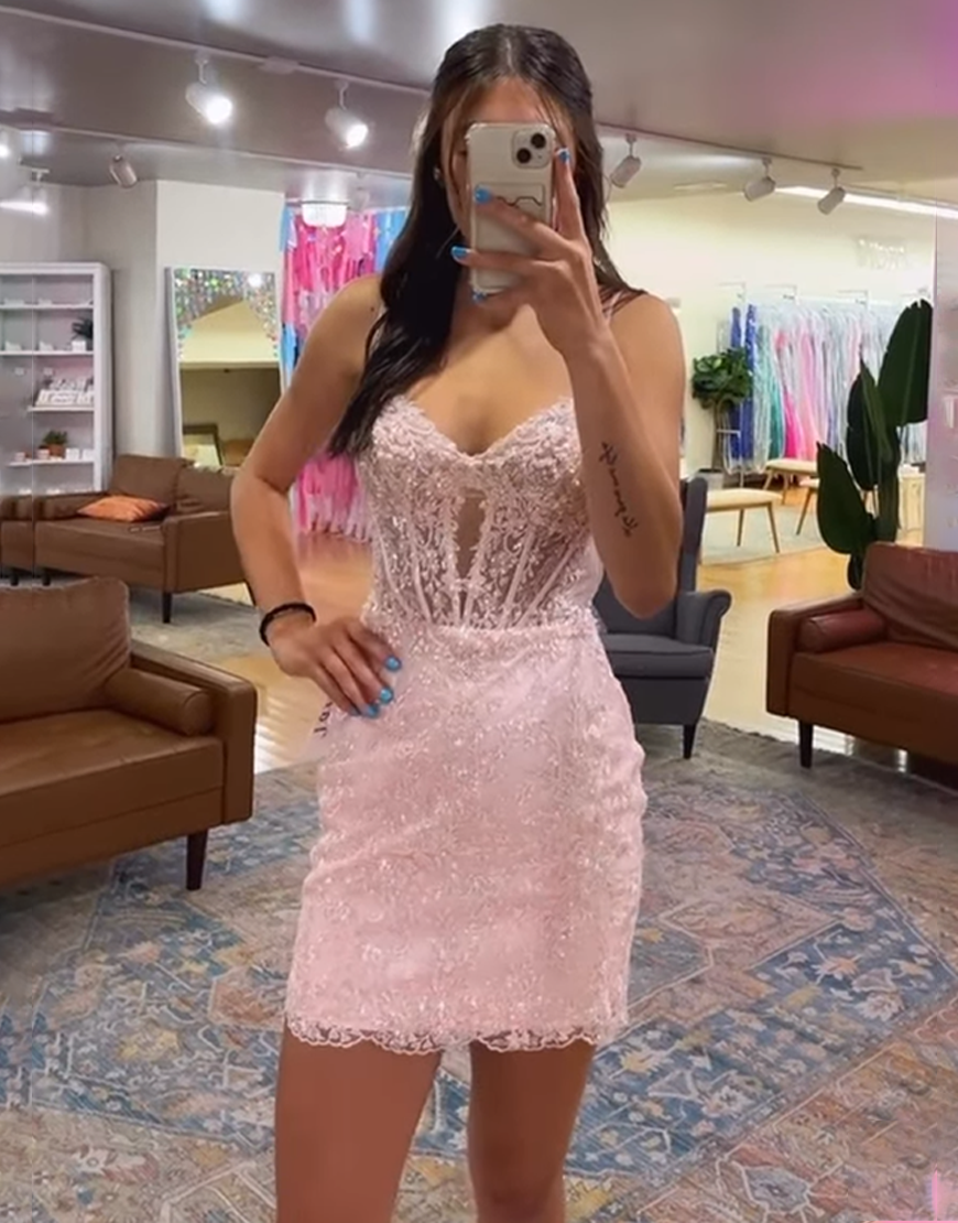 Pink Tight Corset Short Homecoming Dress with Appliques