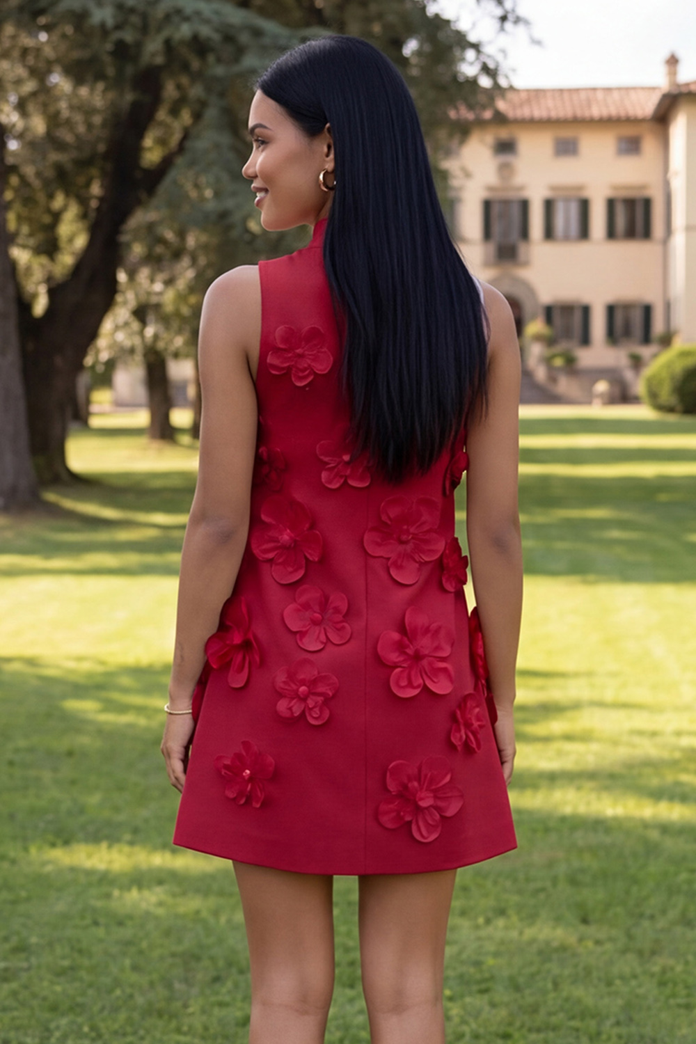 Fuchsia Short Floral High Neck A Line Homecoming Dress