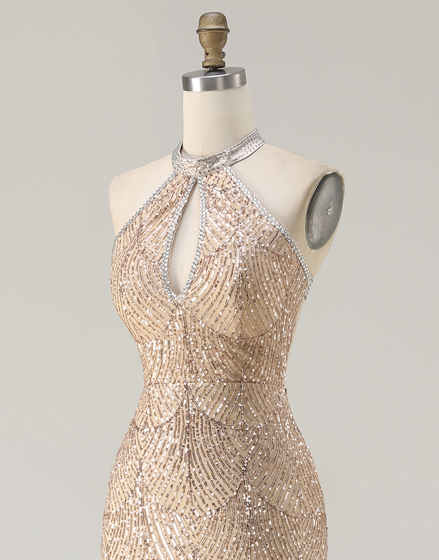 Sparkly Black Halter Neck Mermaid Sequins Long Prom Dress with Slit