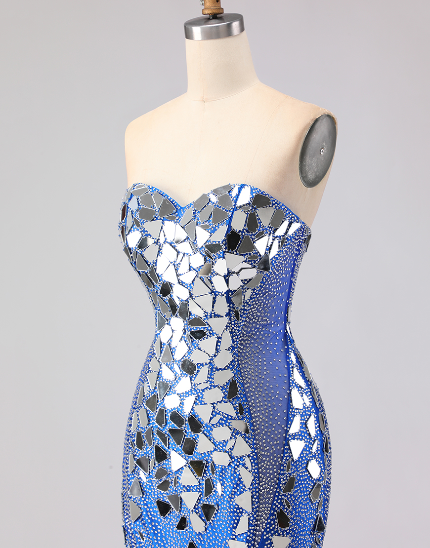 Sparkly Red Beaded Mermaid Mirror Sweetheart Long Prom Dress with Slit