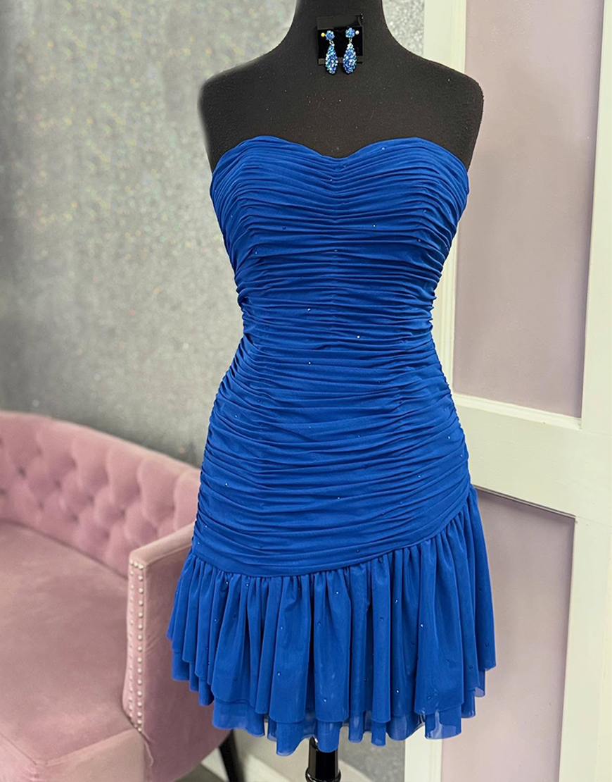 Glitter Royal Blue Sweetheart Ruched Short Homecoming Dress with Ruffles