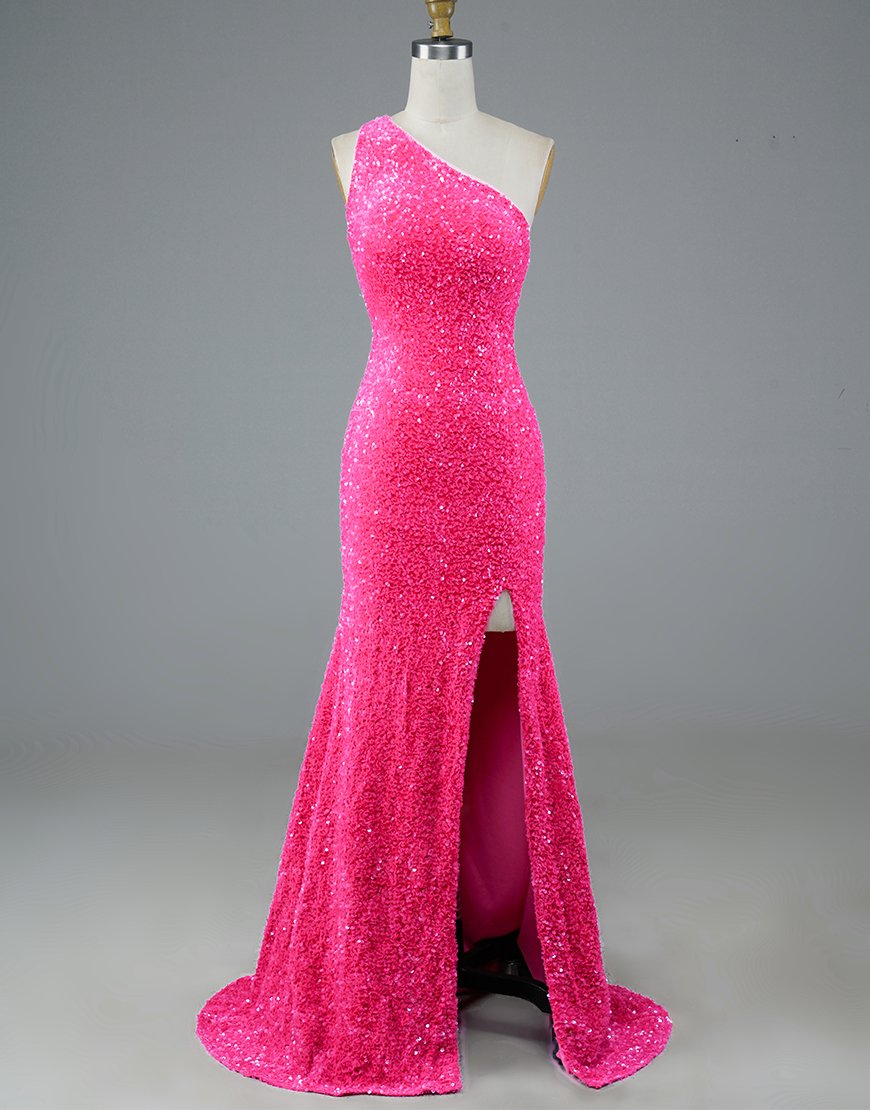 Hot Pink Mermaid Glitter One-Shoulder Backless Prom Dress With Sequins