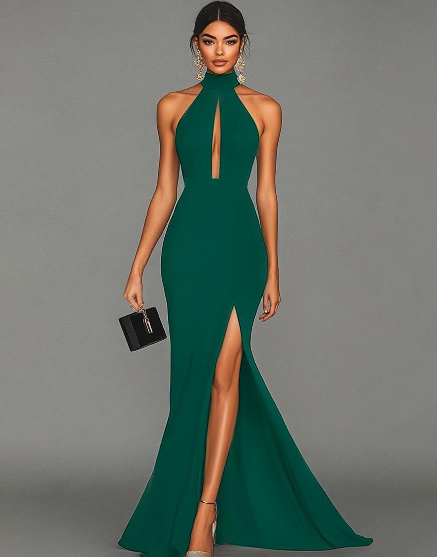 Black Mermaid High Neck Hollow Out Satin Long Formal Dress with Slit