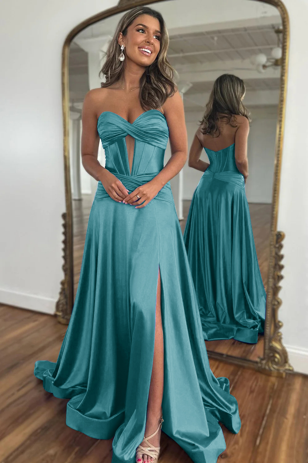 Royal Blue Sweetheart Zipper Back Long Satin Prom Dress With Split