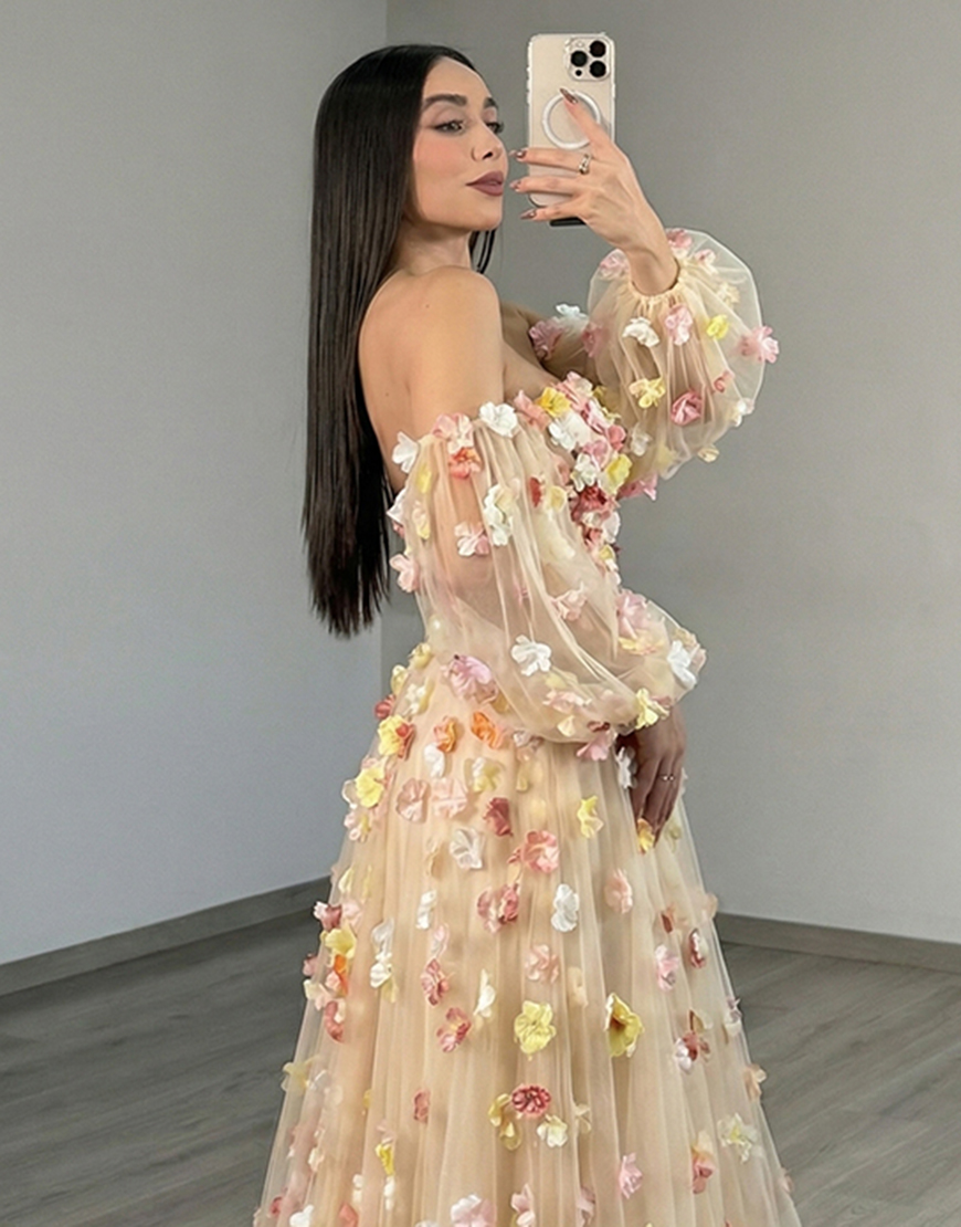 Champagne Tulle Floral A Line Long Prom Dress with Sleeves