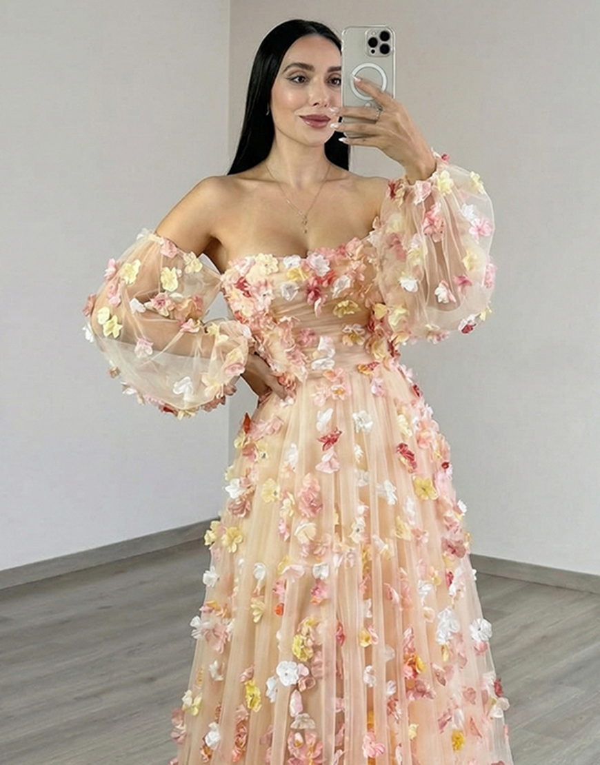 Champagne Tulle Floral A Line Long Prom Dress with Sleeves