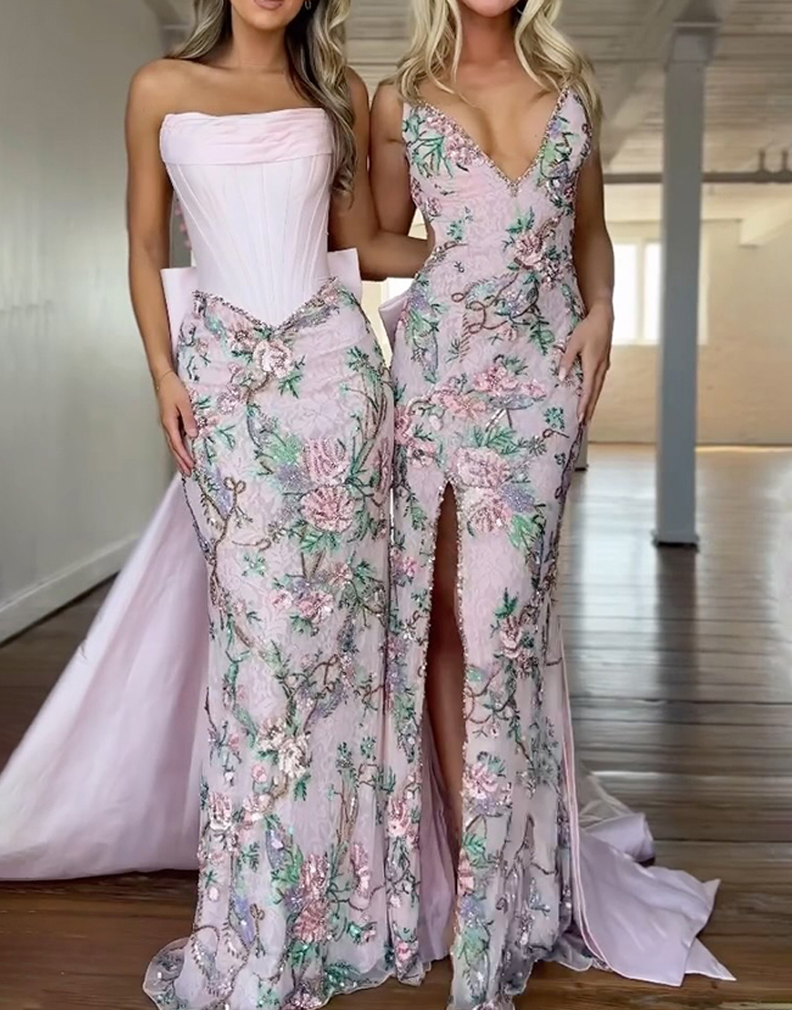 Sparkly Pink Floral Mermaid Strapless Corset Long Prom Dress with Cape