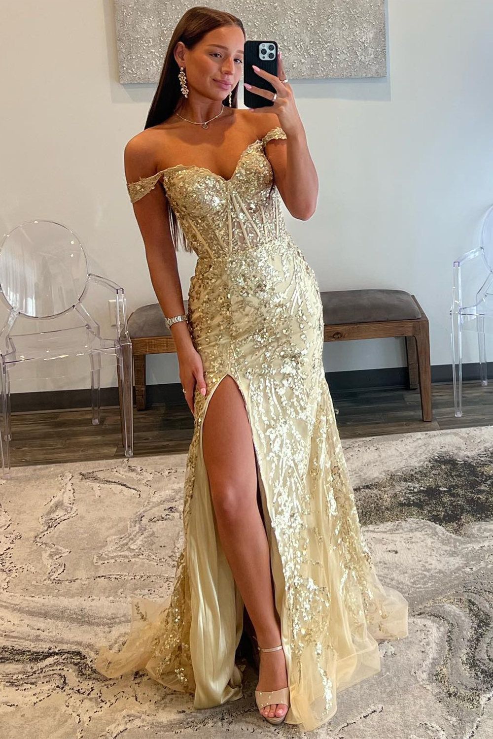 Golden Sparkly Off The Shoulder Mermaid Long Prom Dress with Slit