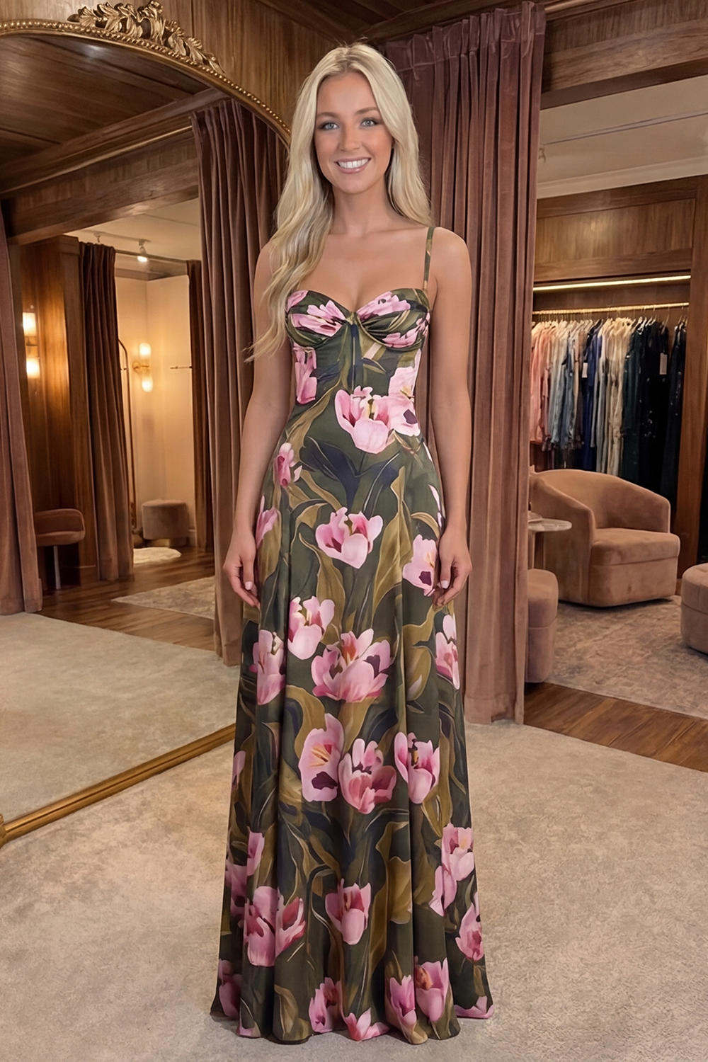 Olive A Line Spaghetti Straps Floral Long Prom Dress