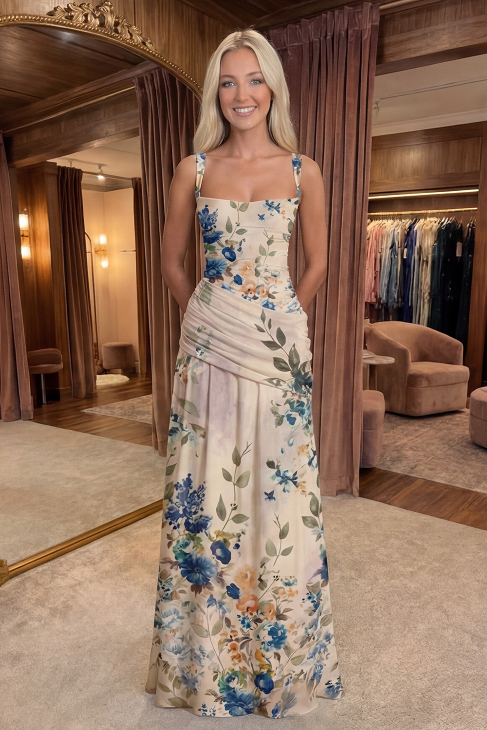 Ivory Square Neck A Line Draped Floral Long Prom Dress