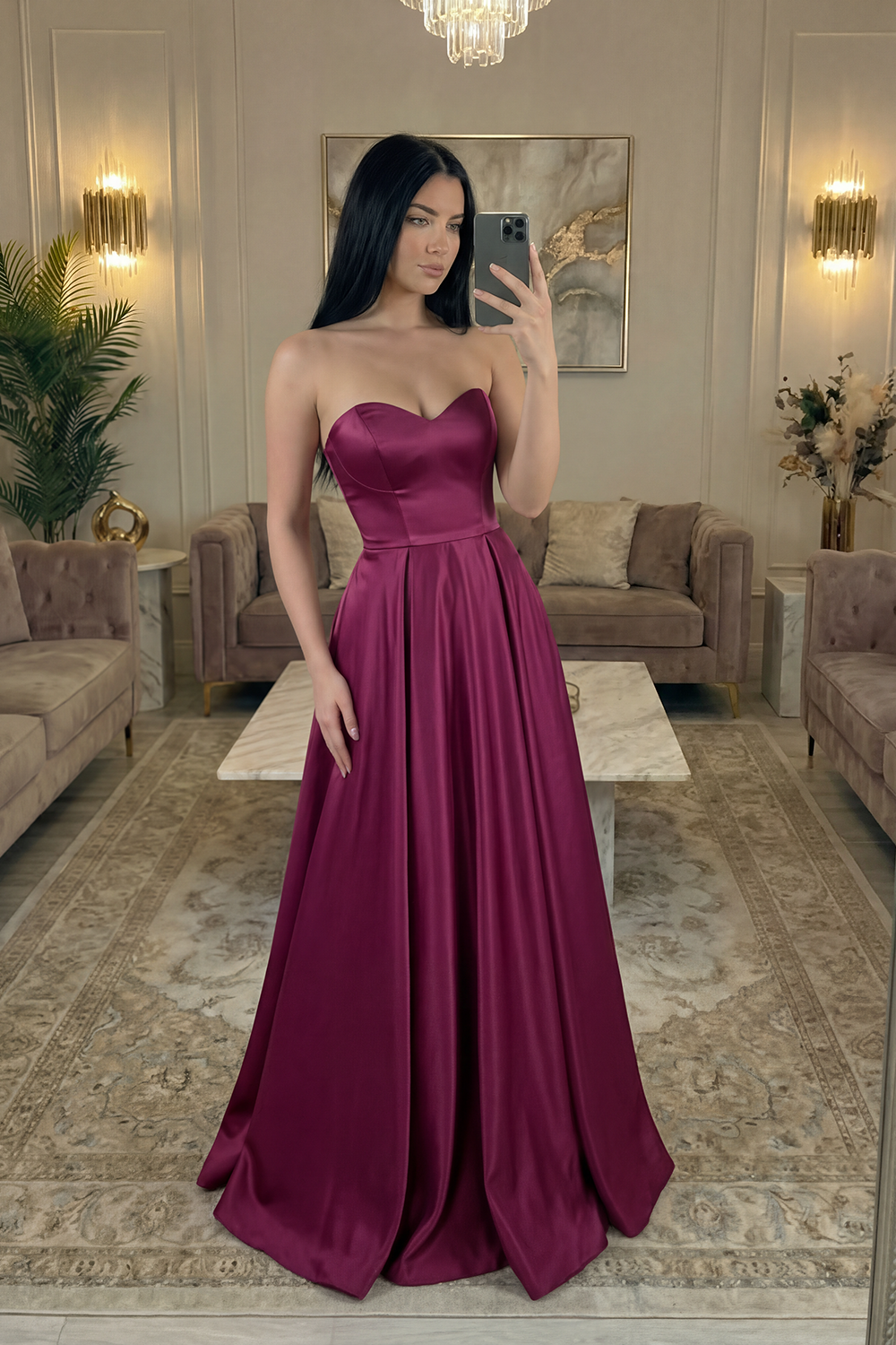 Simple Burgundy Strapless Satin A Line Long Prom Dress