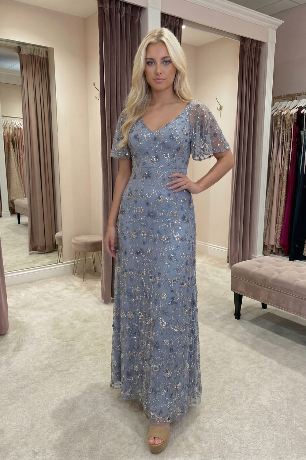 Sparkly V Neck Twilight Floral A Line Long Prom Dress