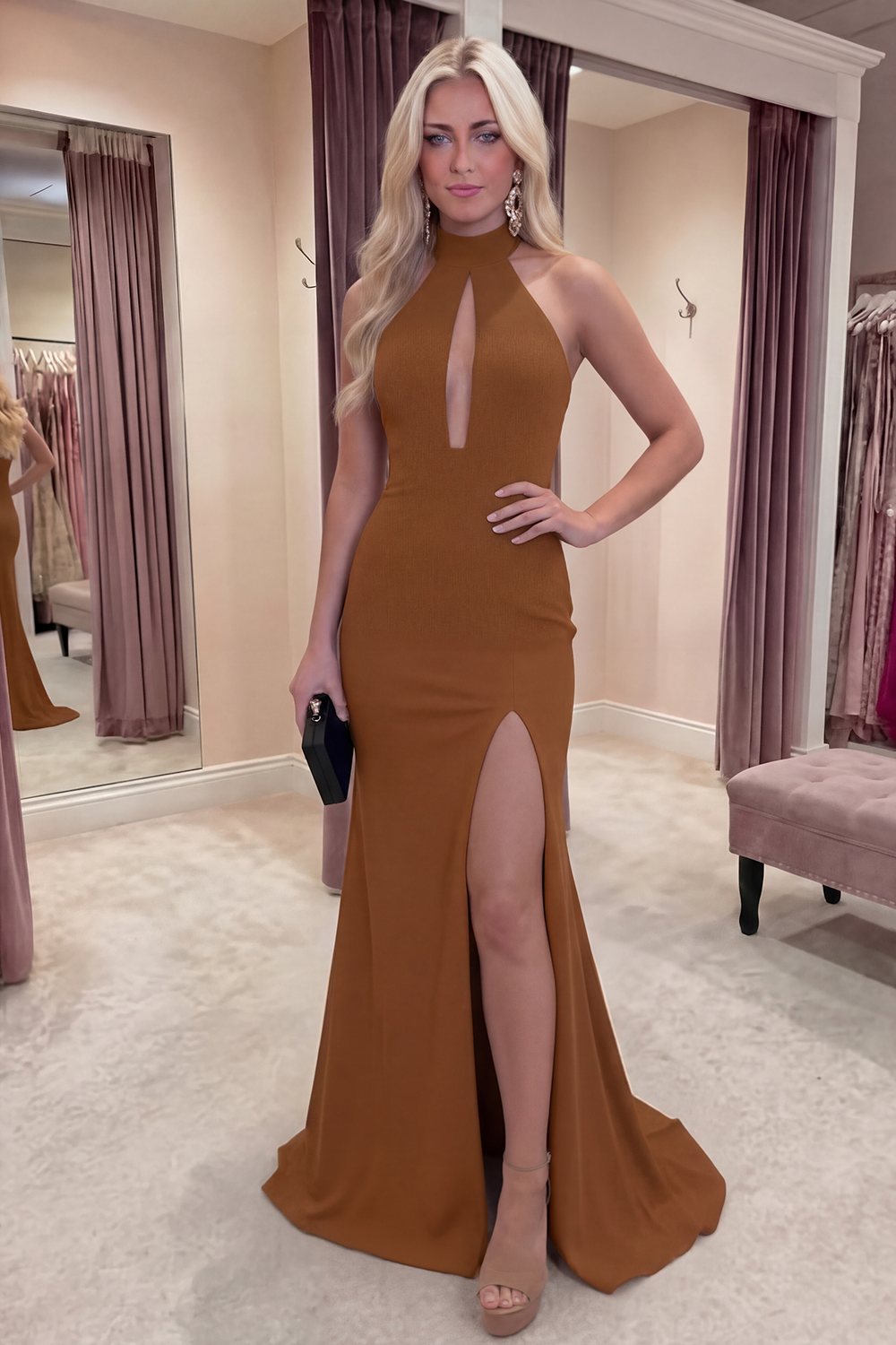 Black Mermaid Halter Neck Satin Long Prom Dress