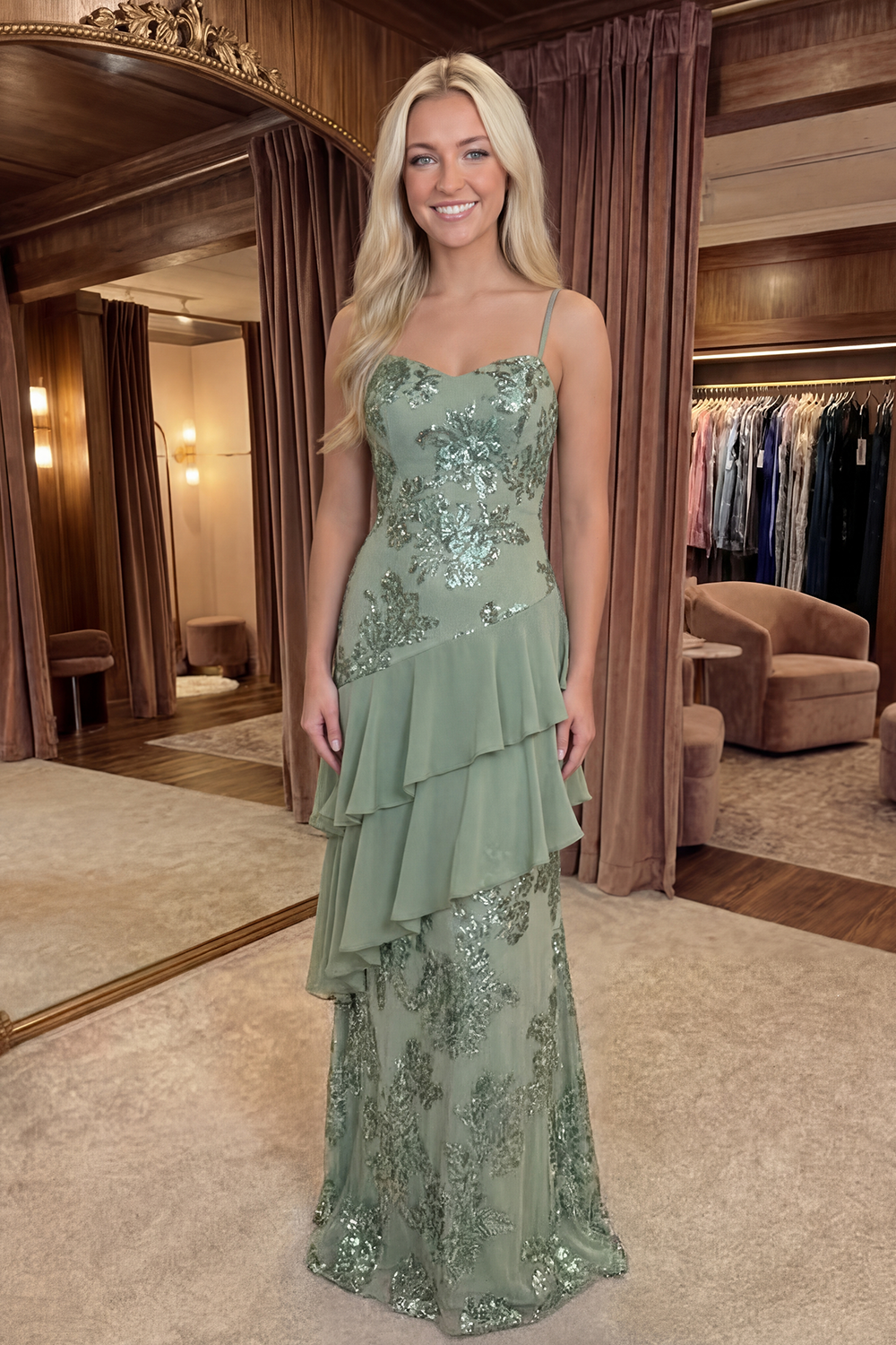 Berlinnova Women Sparkly Sage Green Long Floral Prom Dress with Ruffles Spaghetti Straps Appliqued A Line Pageant Dress