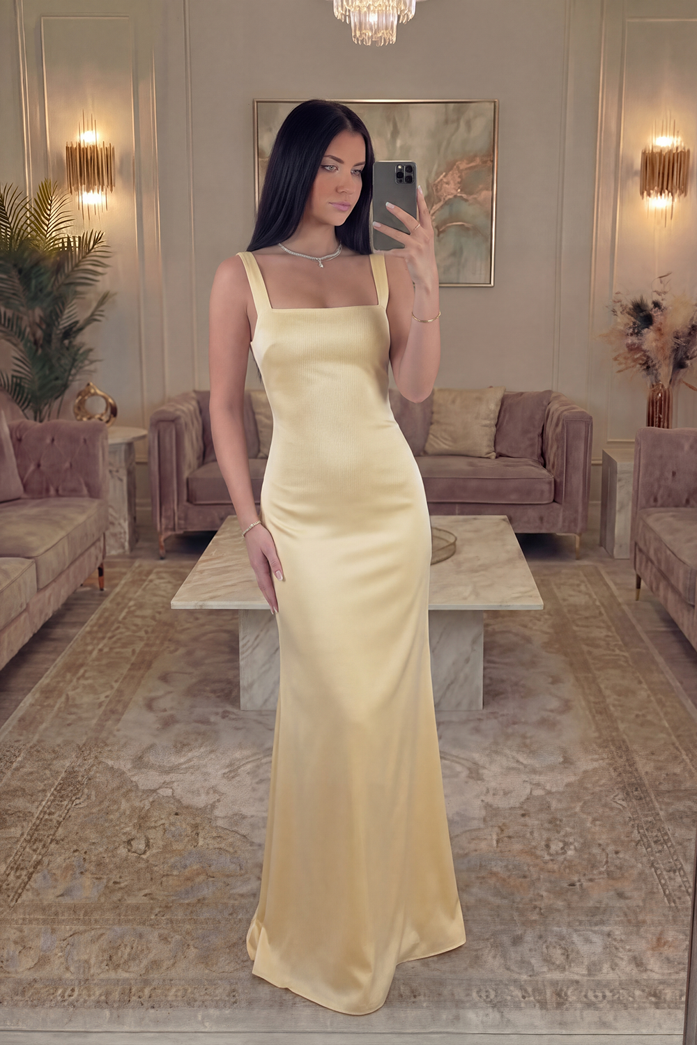 Sheath Square Neck Yellow Long Prom Dress
