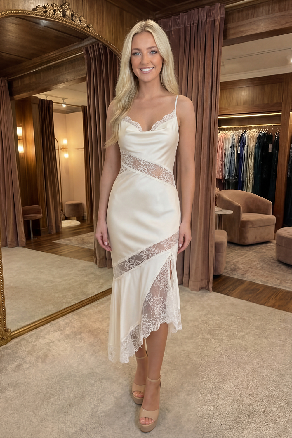 Ivory Sheath Satin Spaghetti Straps Ruffled Midi Graduation Dress with Lace