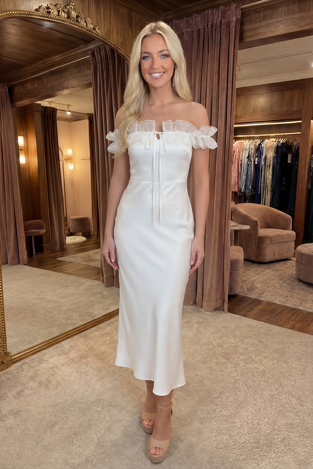 Sheath White Off the Shoulder Long Graduation Dress with Ruffles