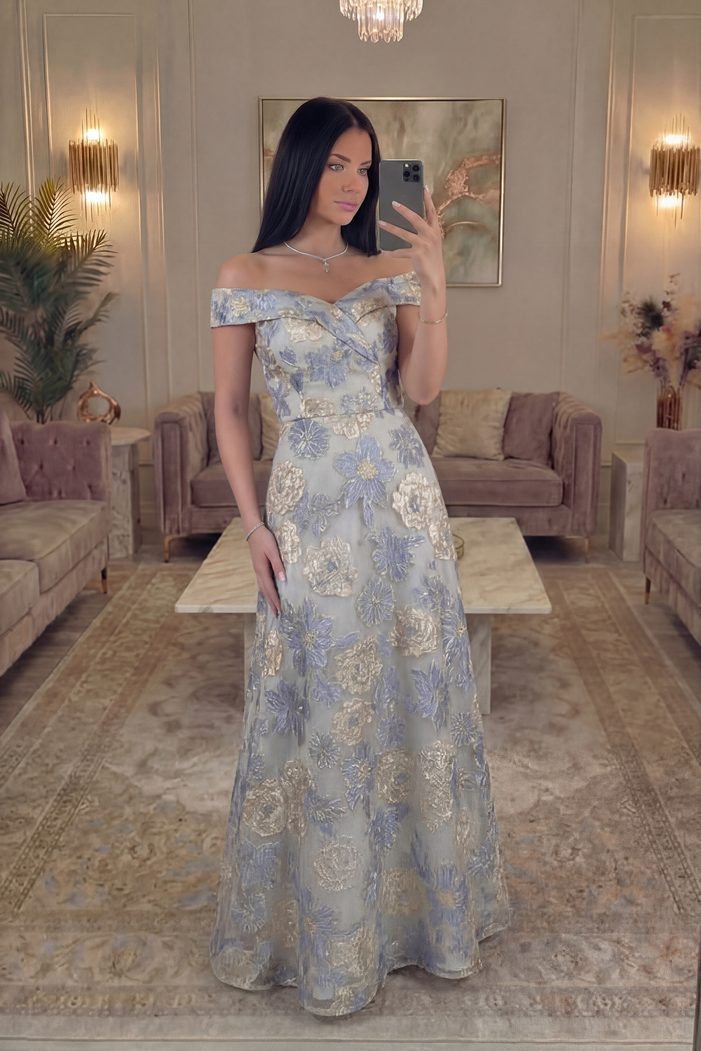 Dusty Blue Off the Shoulder Floral A Line Long Prom Dress