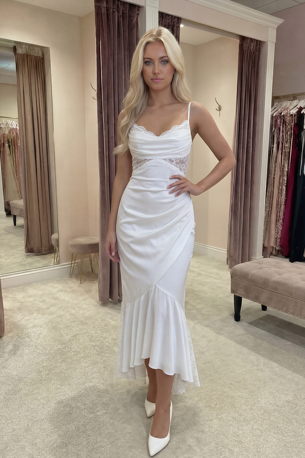 Ivory Mermaid Ruffled Cowl Neck Long Graduation Dress with Lace