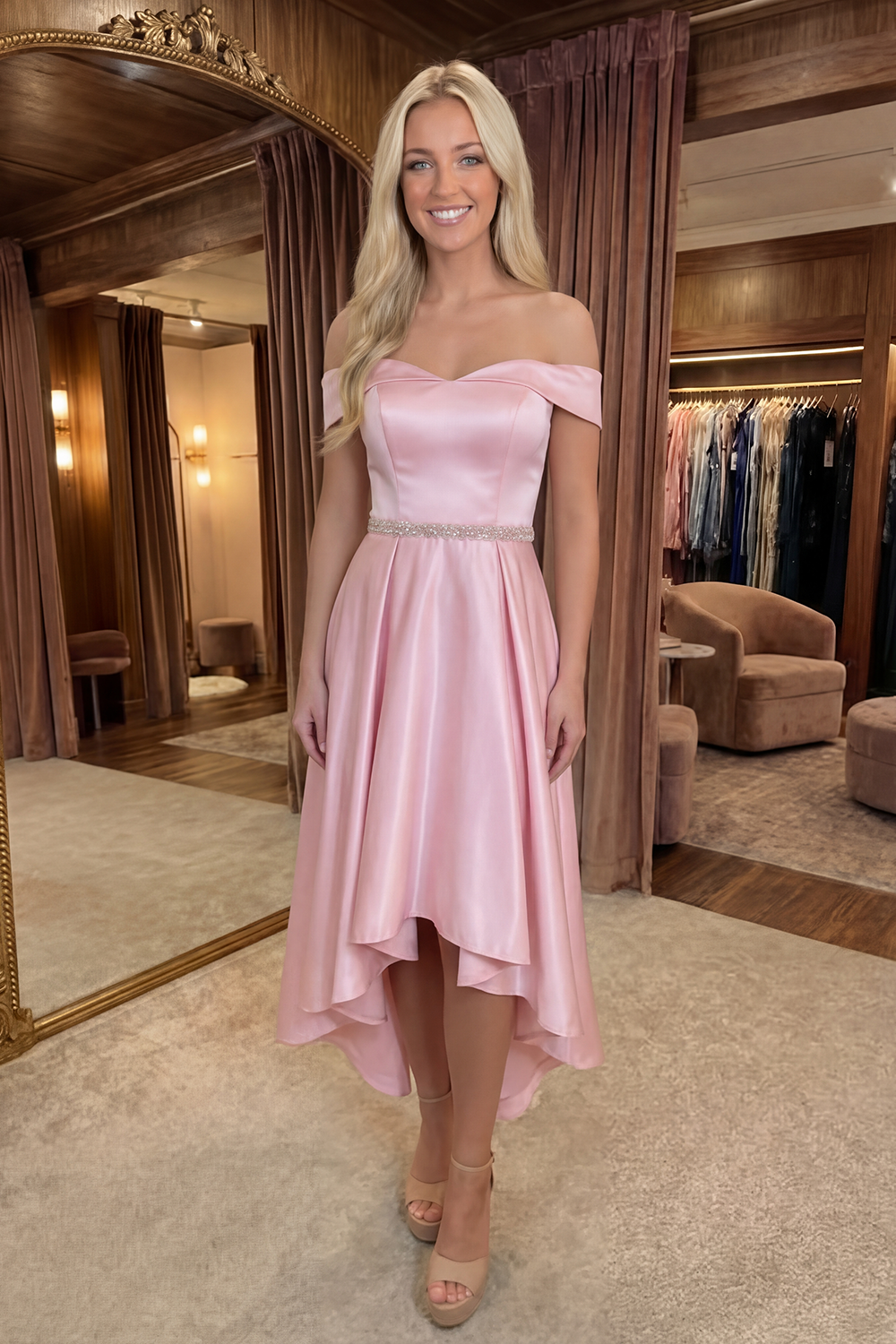 Ivory Off the Shoulder High-Low Graduation Dress with Rhinestones