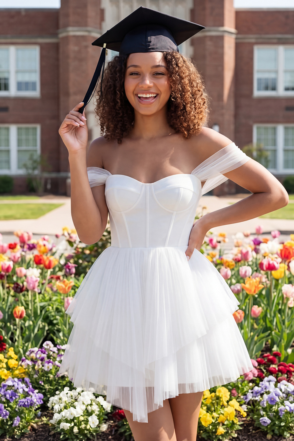 Ivory Corset Off the Shoulder A Line Short Graduation Dress with Ruffles