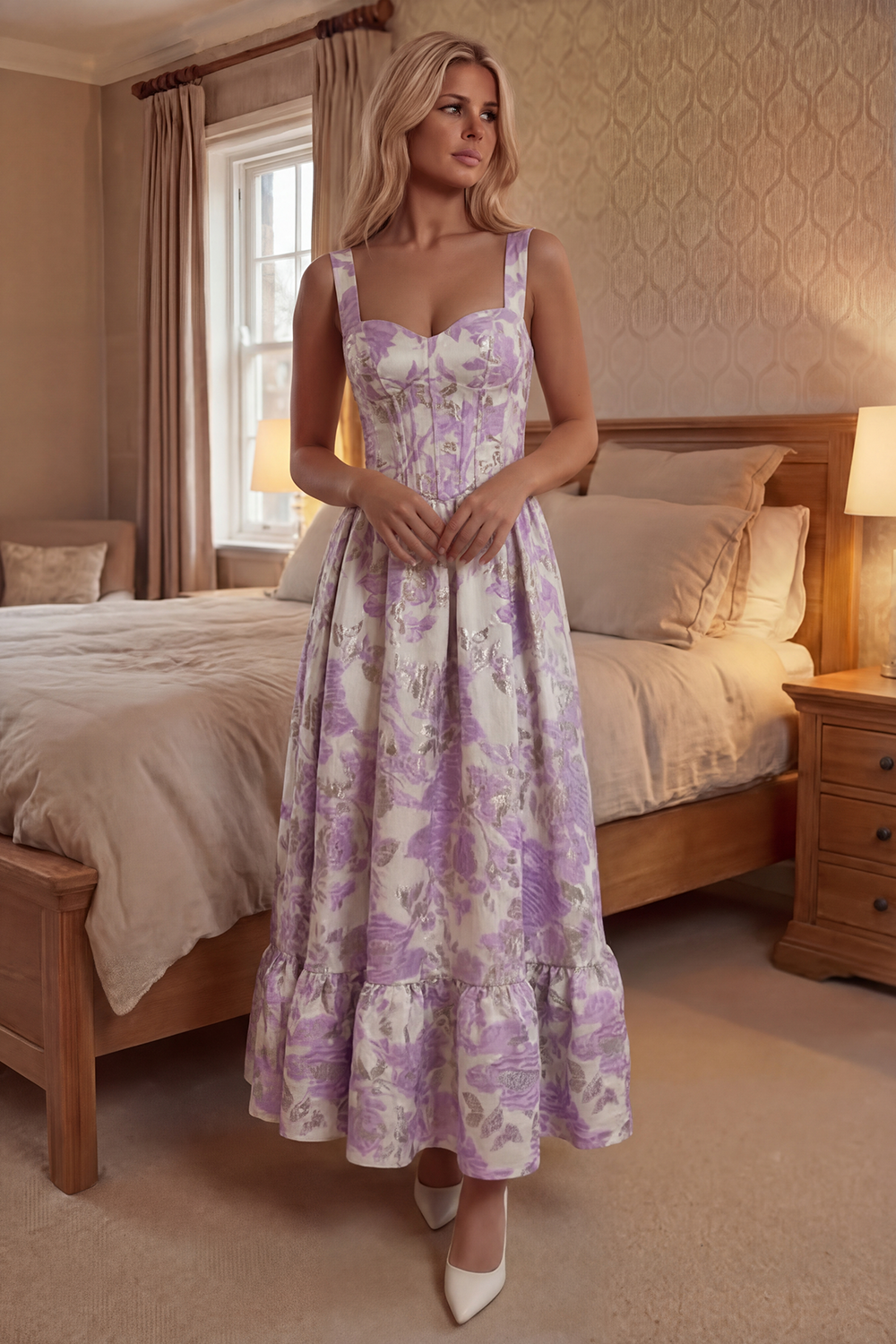 Purple Jacquard Corset Floral A Line Long Prom Dress