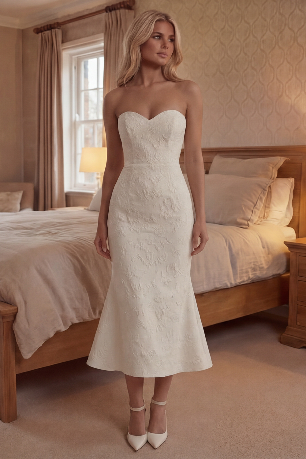 Floral Strapless White Long Mermaid Graduation Dress