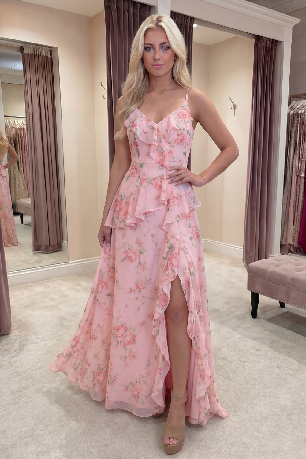 Blue Pink Flower A Line Spaghetti Straps Ruffled Long Prom Dress with Slit