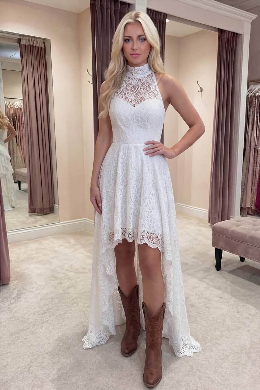 Berlinnova Women Floral Ivory High Low Vintage Boho Graduation Dress A Line High Neck Lace Western Wedding Dress