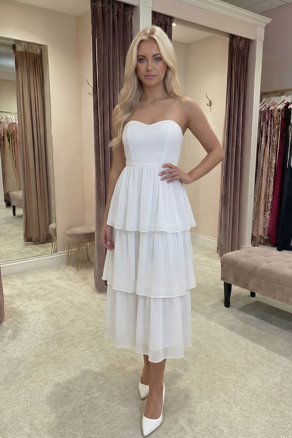 Ivory A Line Tiered Strapless Midi Graduation Dress
