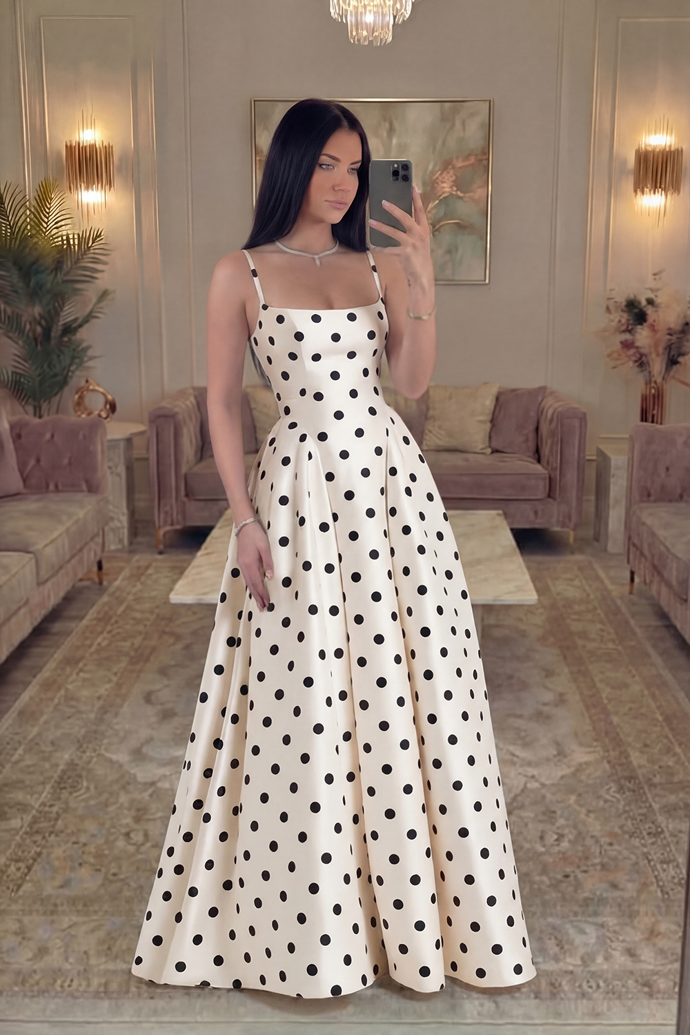 Berlinnova Women Black and White Polka Dots Satin Long Formal Dress A Line Spaghetti Straps Prom Dress