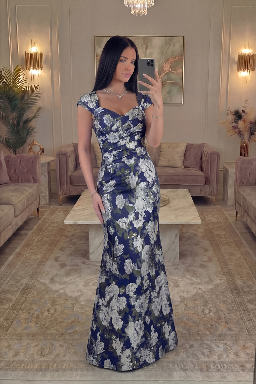 Navy Mermaid Long Cap Sleeves Floral Prom Dress