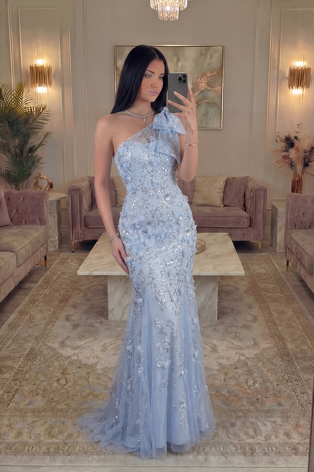 Long Sky Blue Mermaid Floral Beaded Prom Dress with Bow