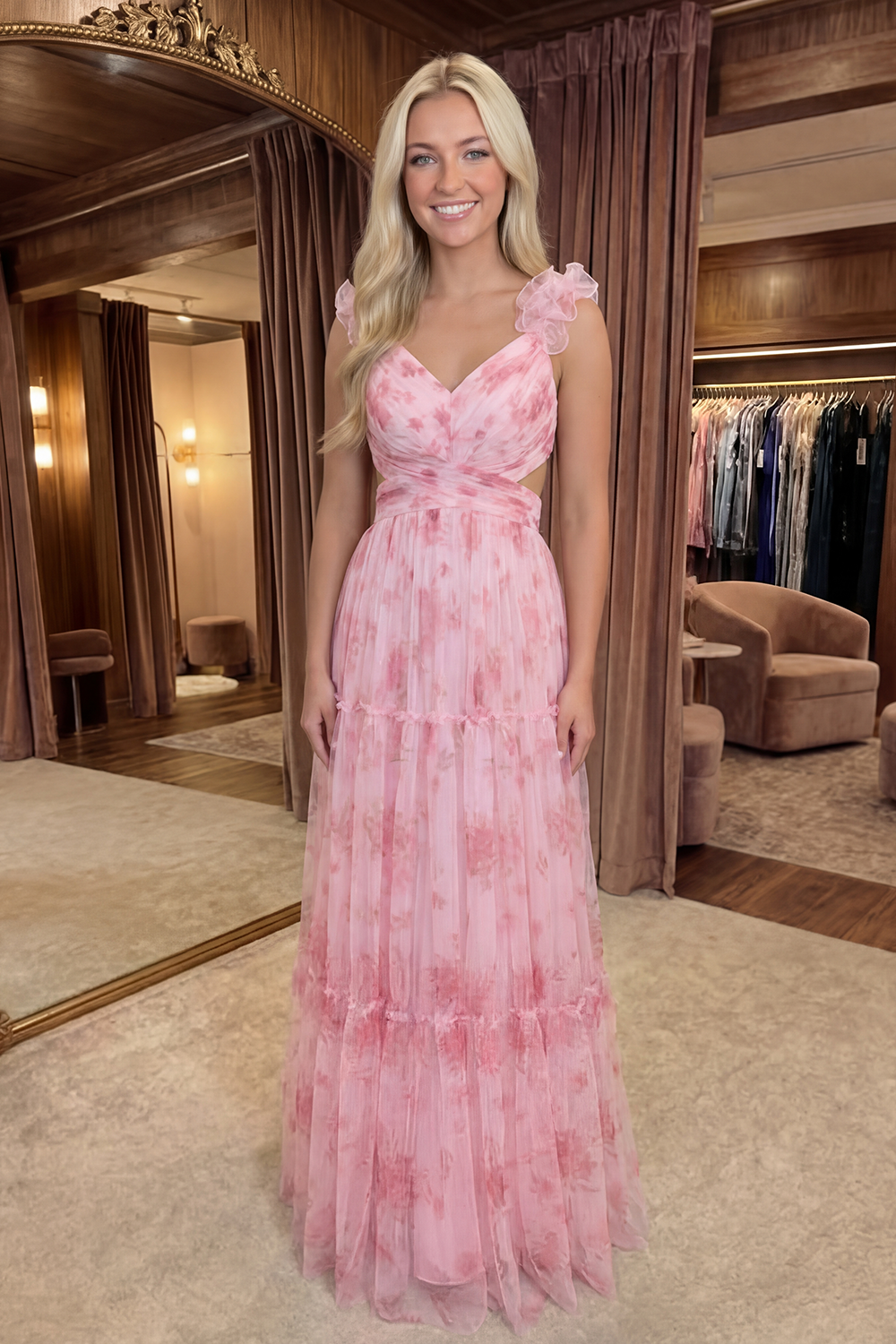 Blush Floral V-Neck Chiffon A-Line Long Prom Dress