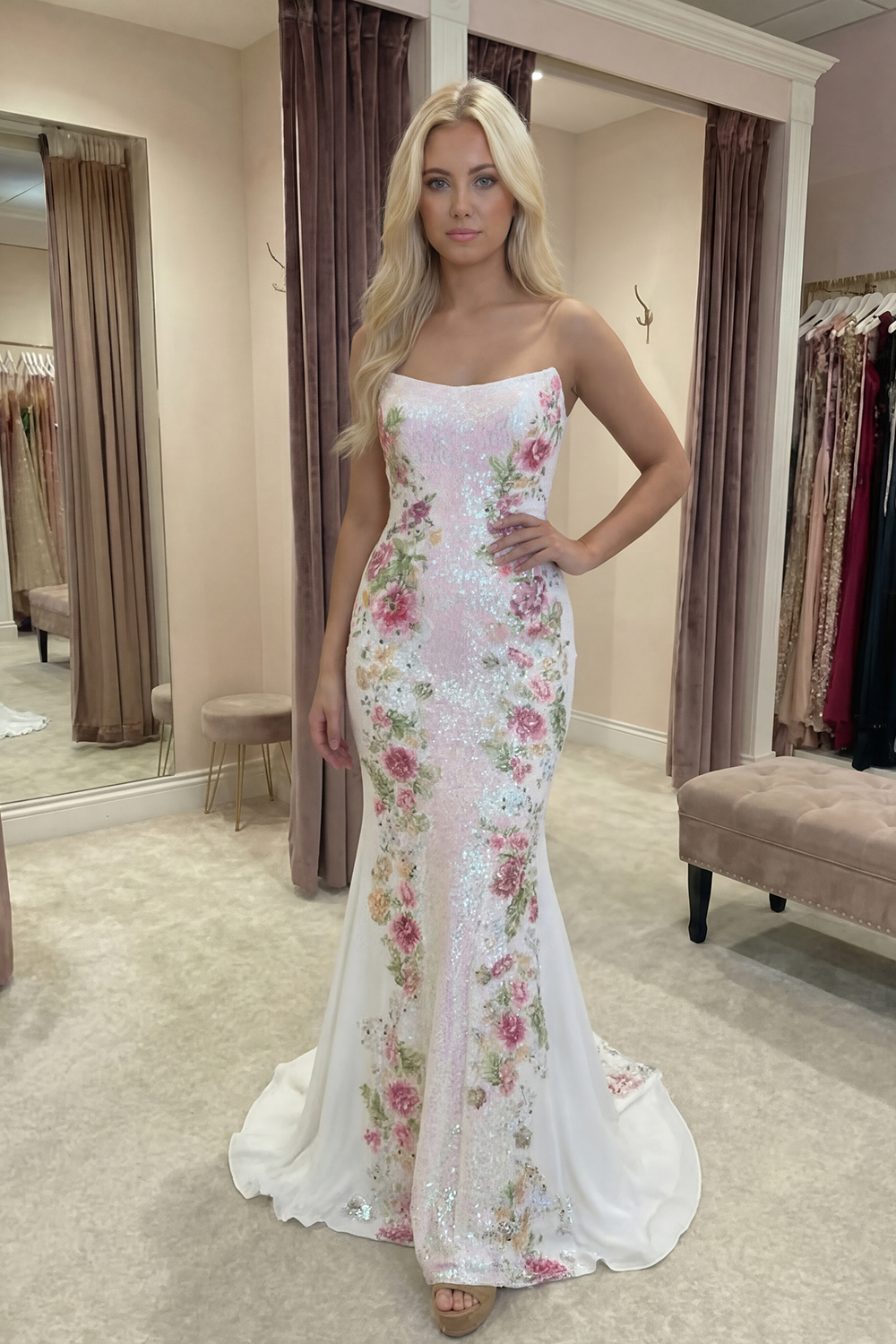 Sparkly White Floral Strapless Mermaid Long Prom Dress