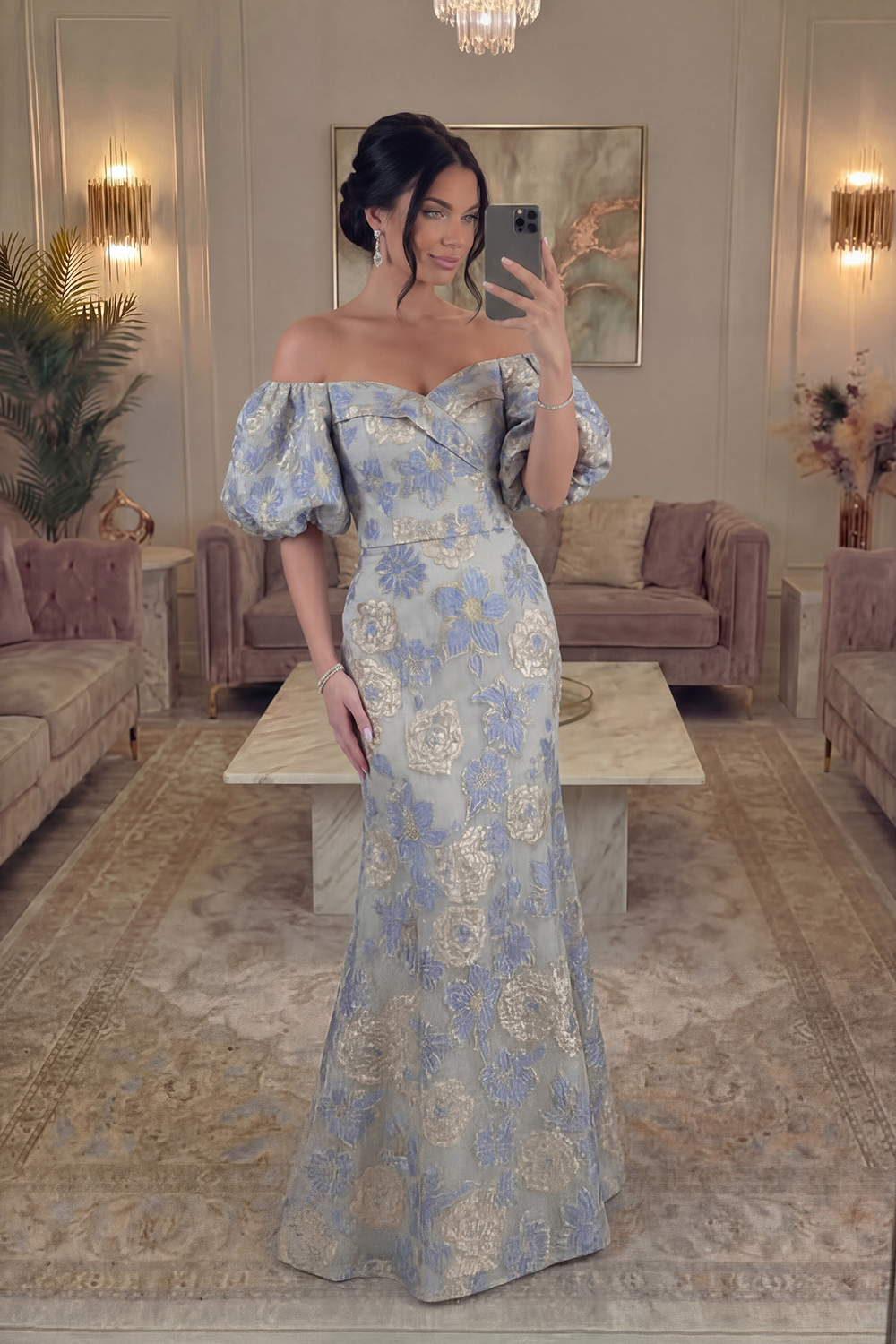 Dusty Blue Long Mermaid Floral Off the Shoulder Prom Dress with Sleeves