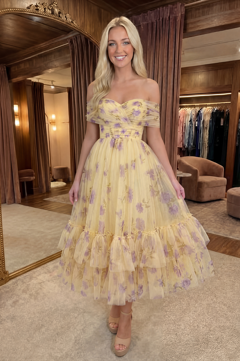Yellow Flower Tulle A Line Off the Shoulder Long Ruffled Prom Dress