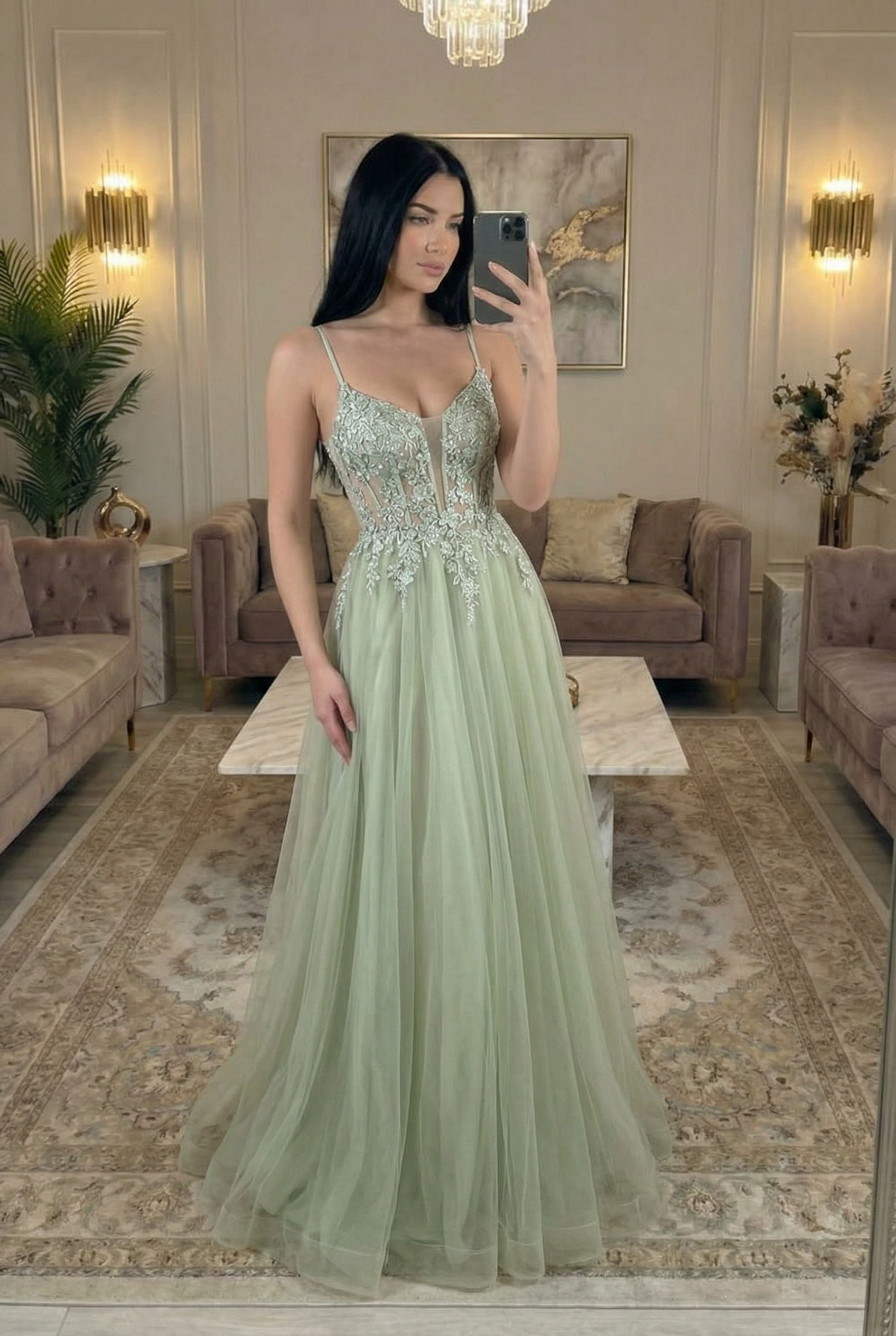 Light Green Spaghetti Straps Corset A Line Appliqued Tulle Long Prom Dress