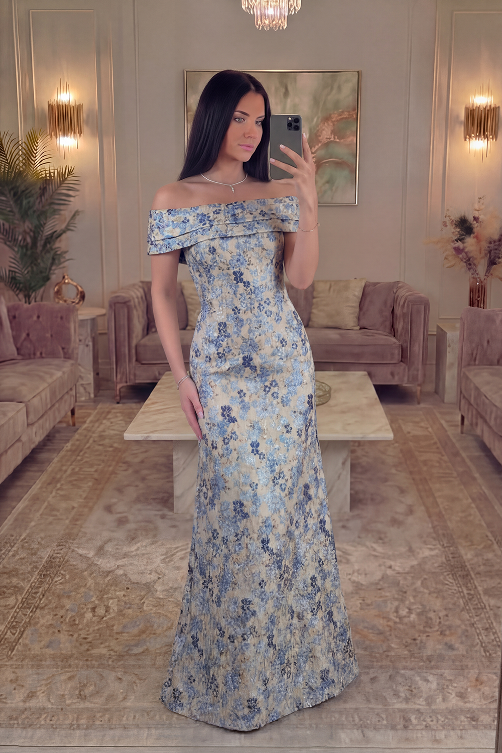 Grey Blue Floral Jacquard Off the Shoulder Long Prom Dress