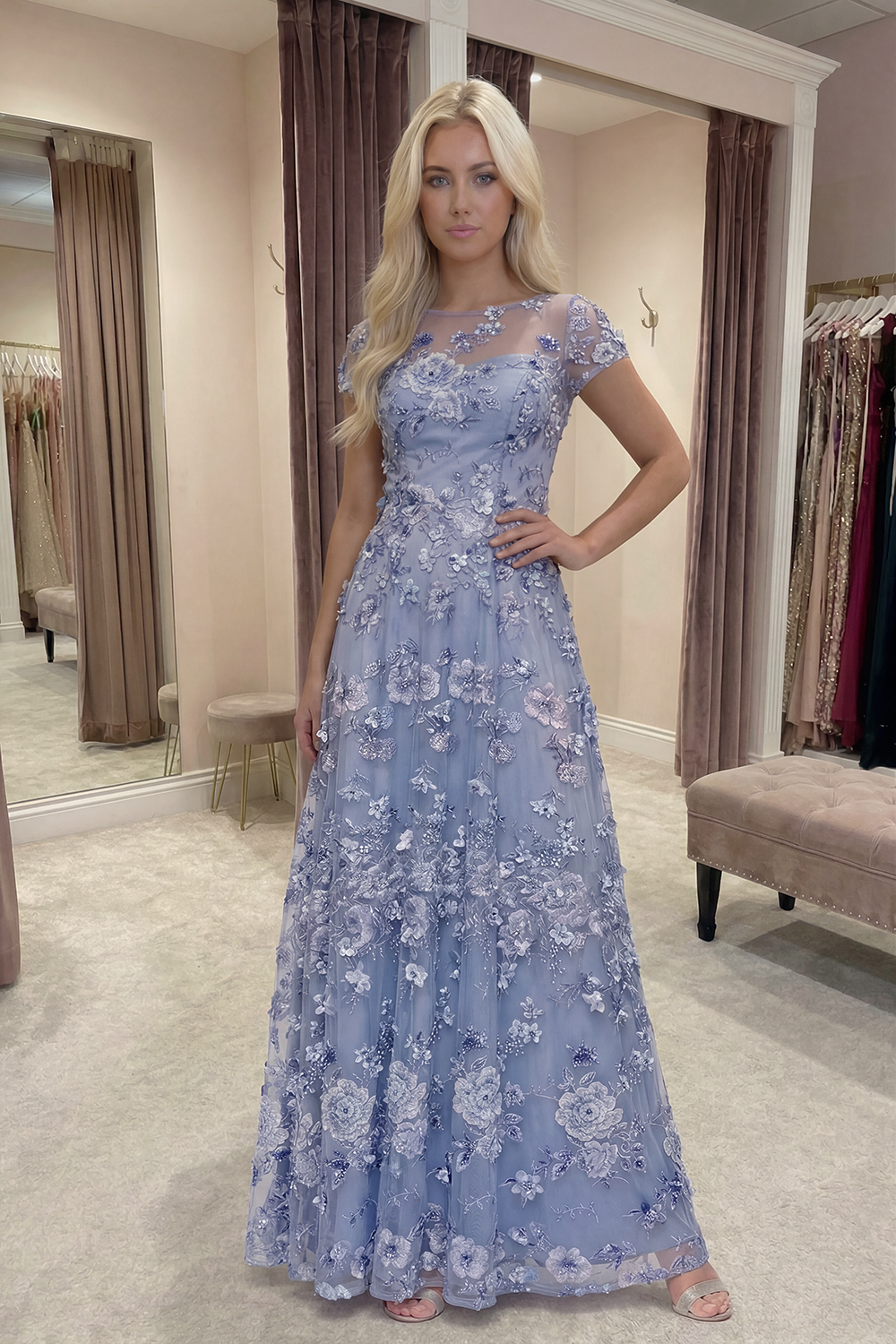 Sparkly Dusty Rose A Line Beaded Long Floral Prom Dress