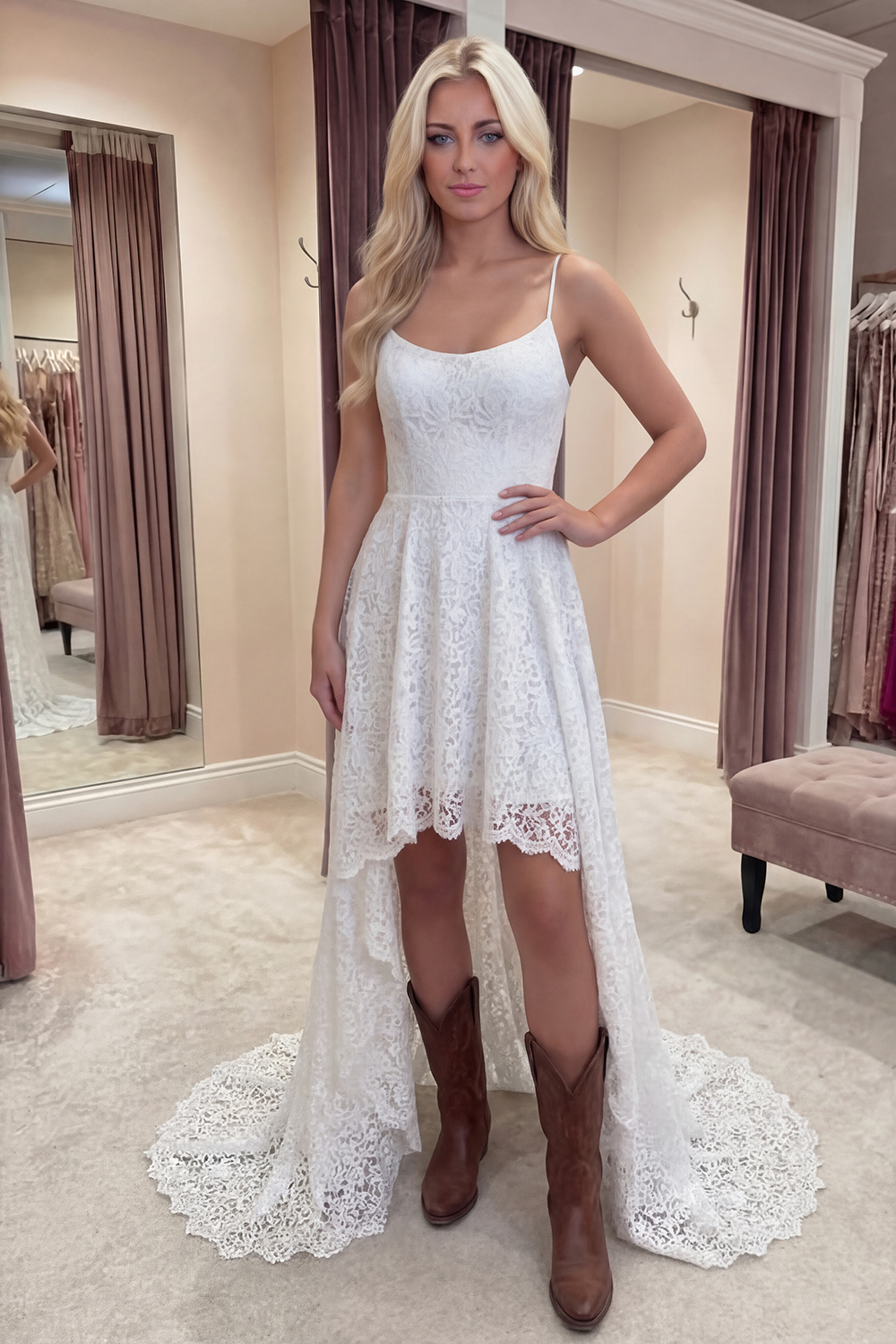 Ivory High Low A Line Floral Lace Spaghetti Straps Boho Long Graduation Dress