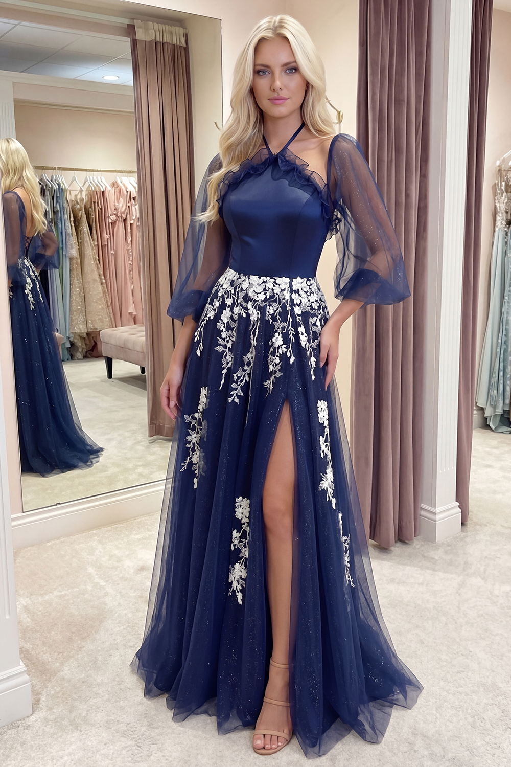 Glitter Navy 3/4 Sleeves A Line Floral Ruffled Long Prom Dress with Slit