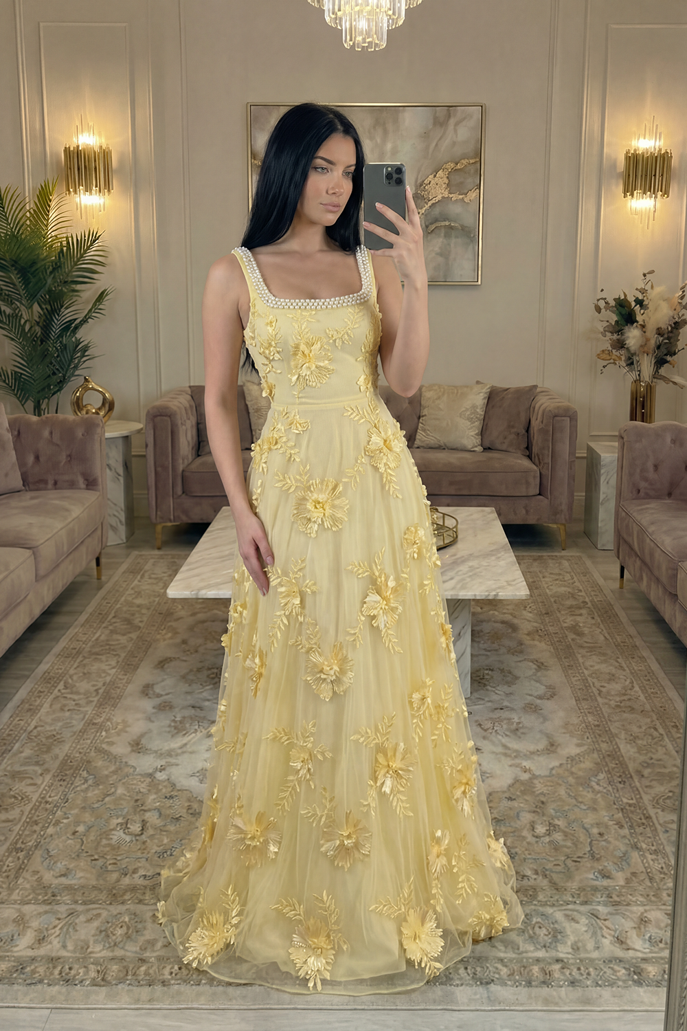 Sparkly Yellow Floral Beaded A Line Square Neck Long Prom Dress