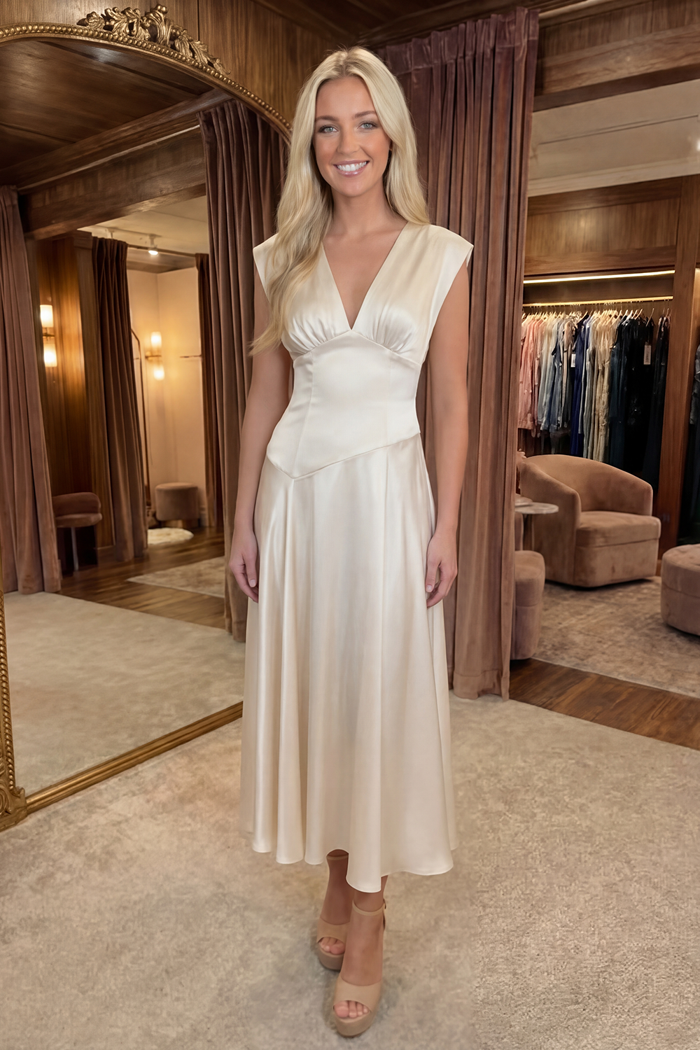 Simple A Line V-Neck Long Ivory Graduation Dress