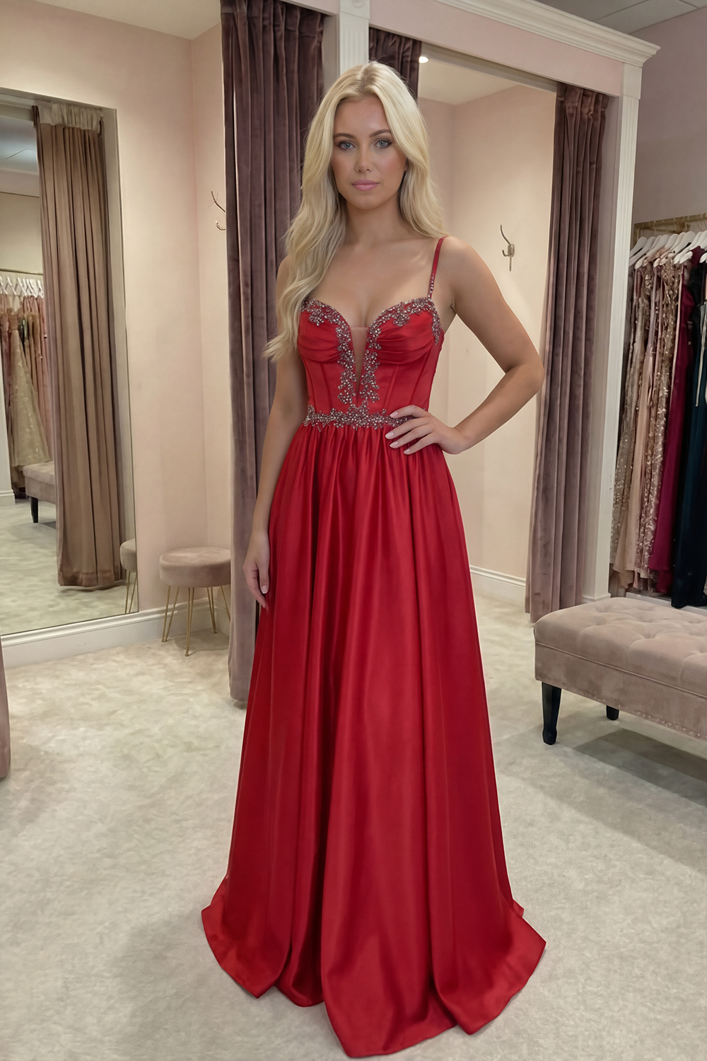 Sparkly Red Beaded A Line Corset Spaghetti Straps Long Prom Dress with Slit