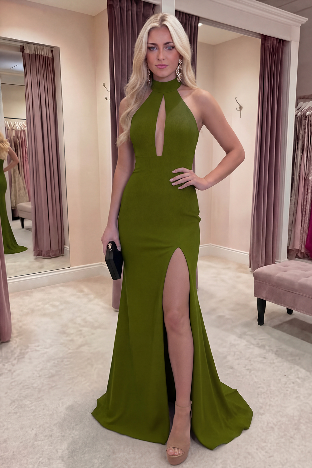 Black Mermaid Halter Neck Satin Long Prom Dress