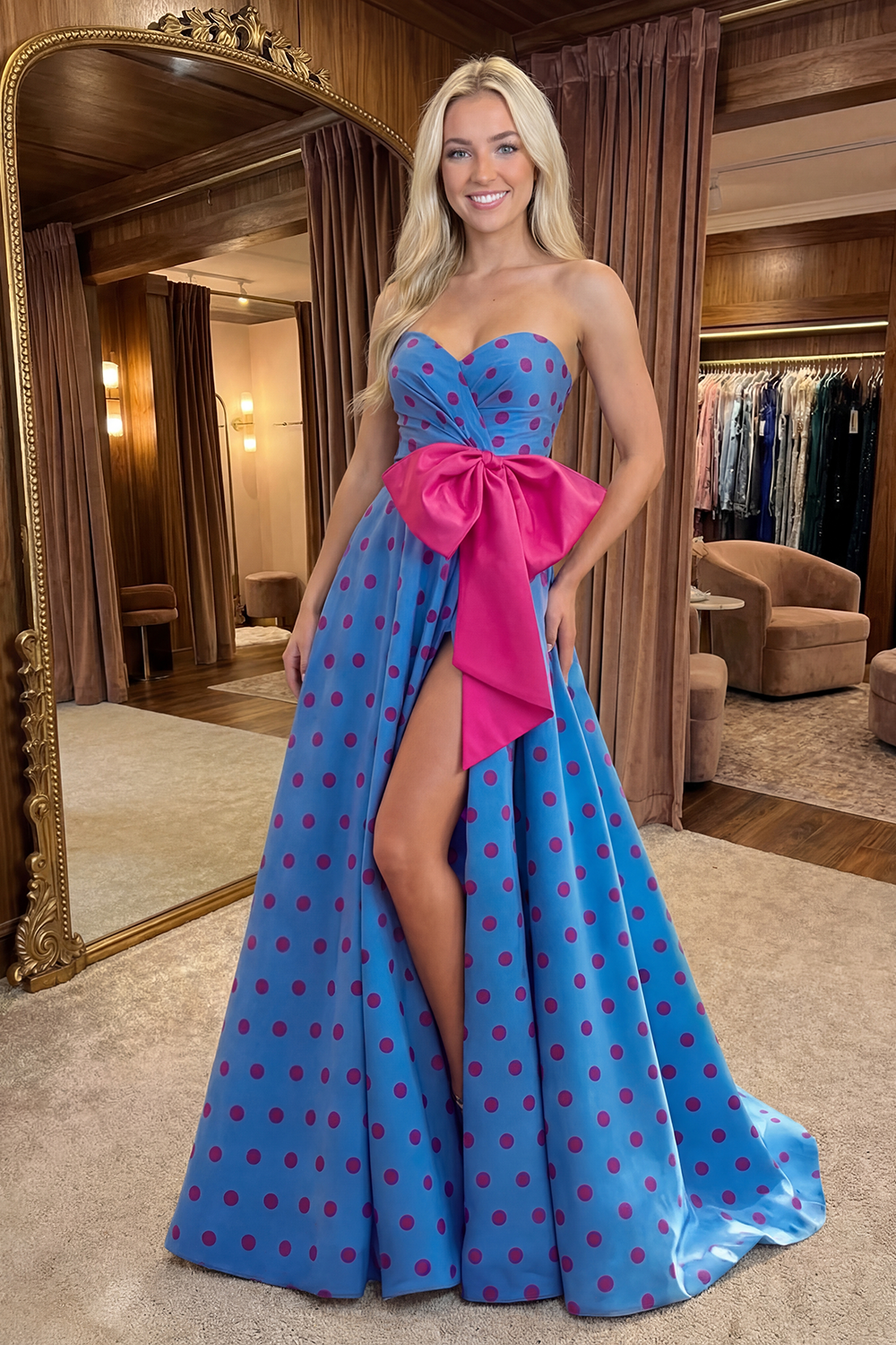 Blue A Line Strapless Long Polka Dots Prom Dress with Bow