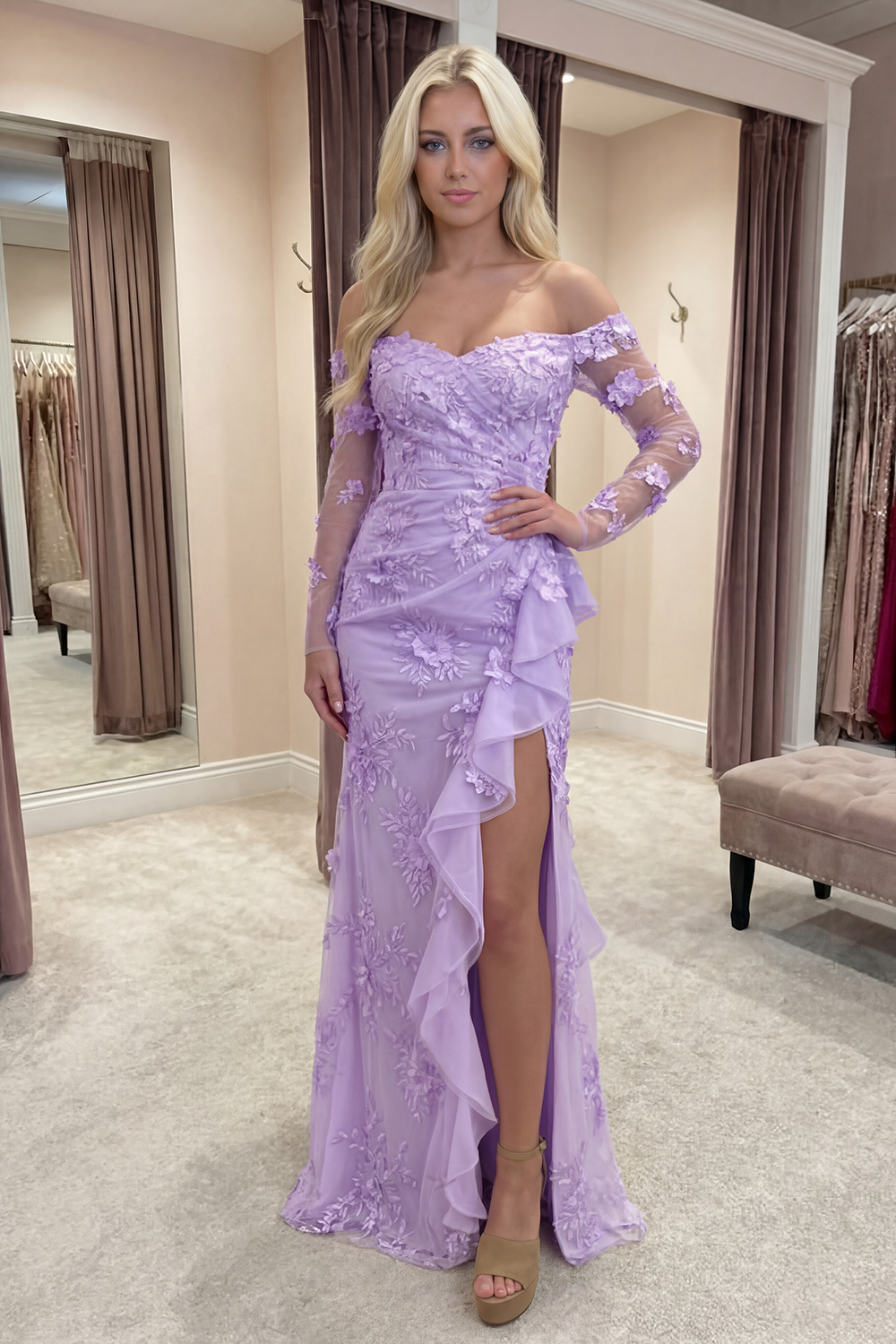 Yellow Floral Sheath Strapless Long Prom Dress with Ruffles