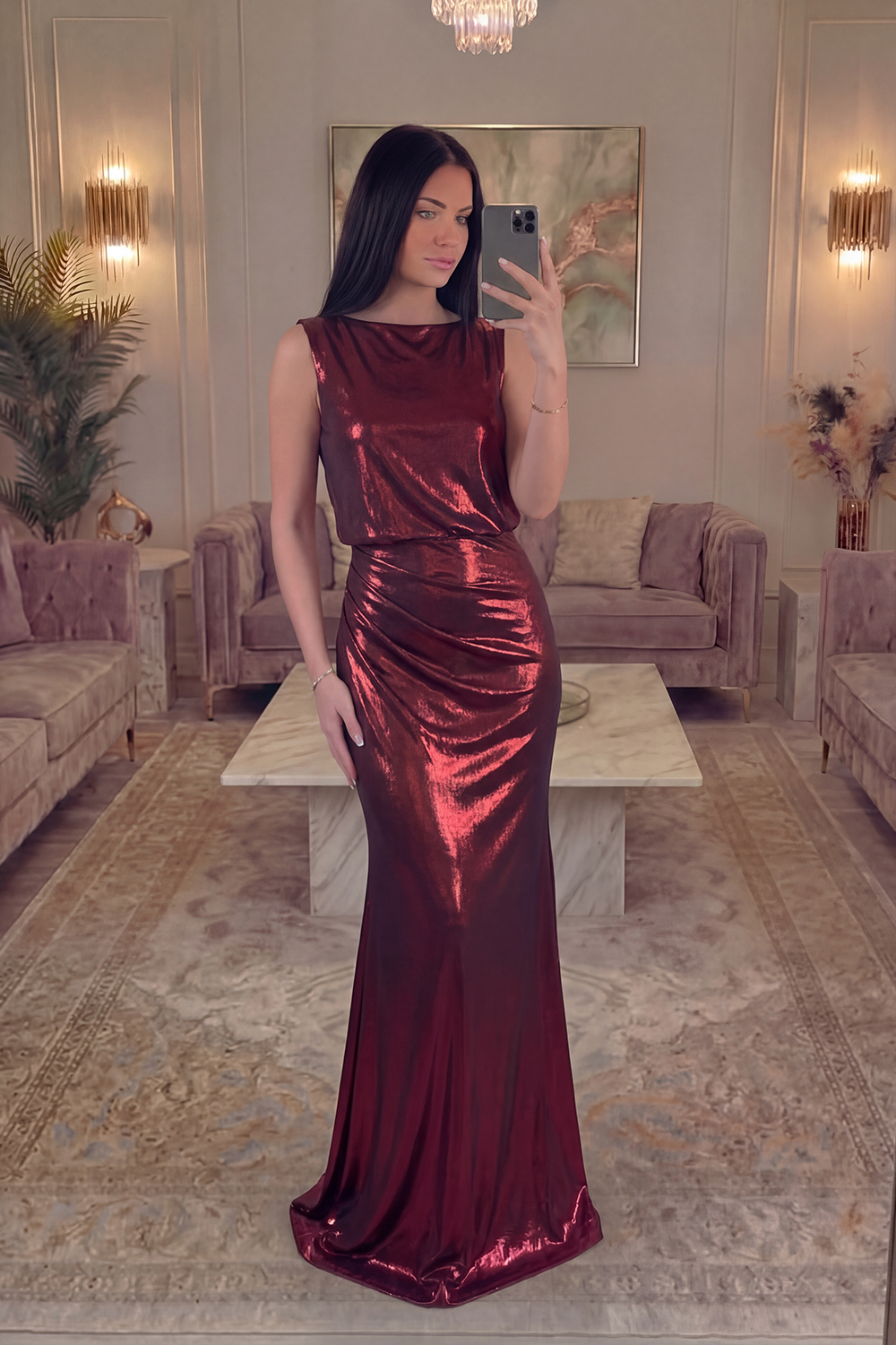 Sparkly Burgundy Bateau Neck Metallic Long Mermaid Prom Dress